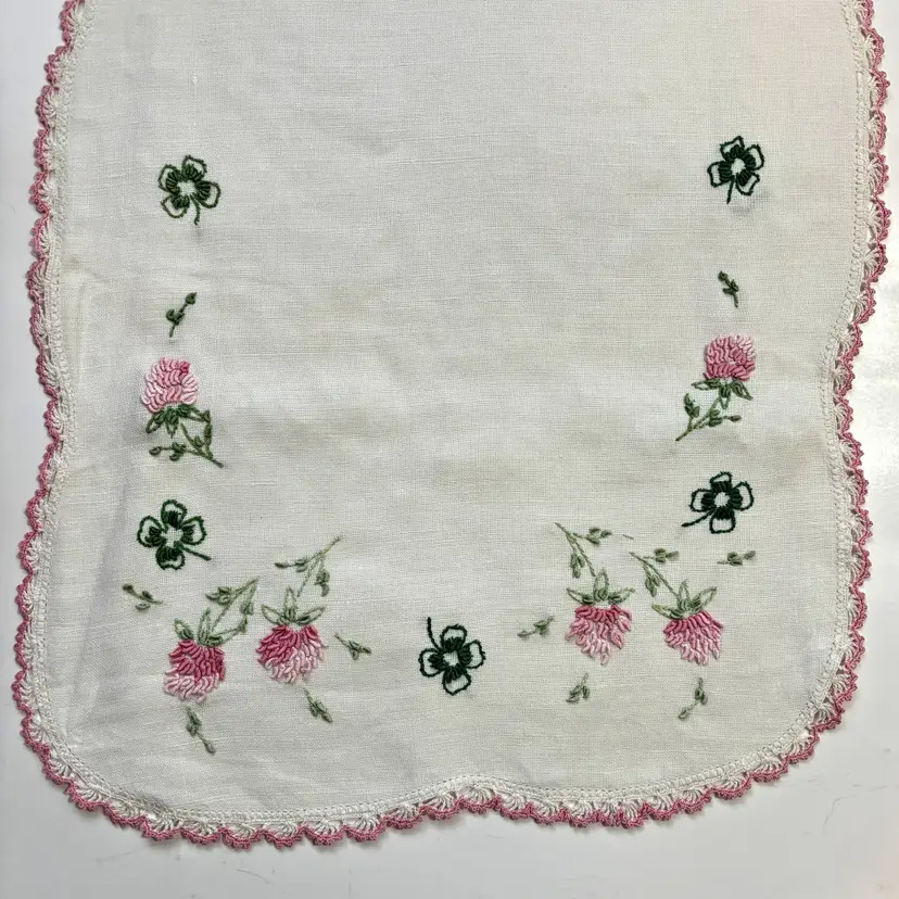 Vintage Linen Embroidered Dresser Scarf Runner Floral Lace Cottageore Heirloom