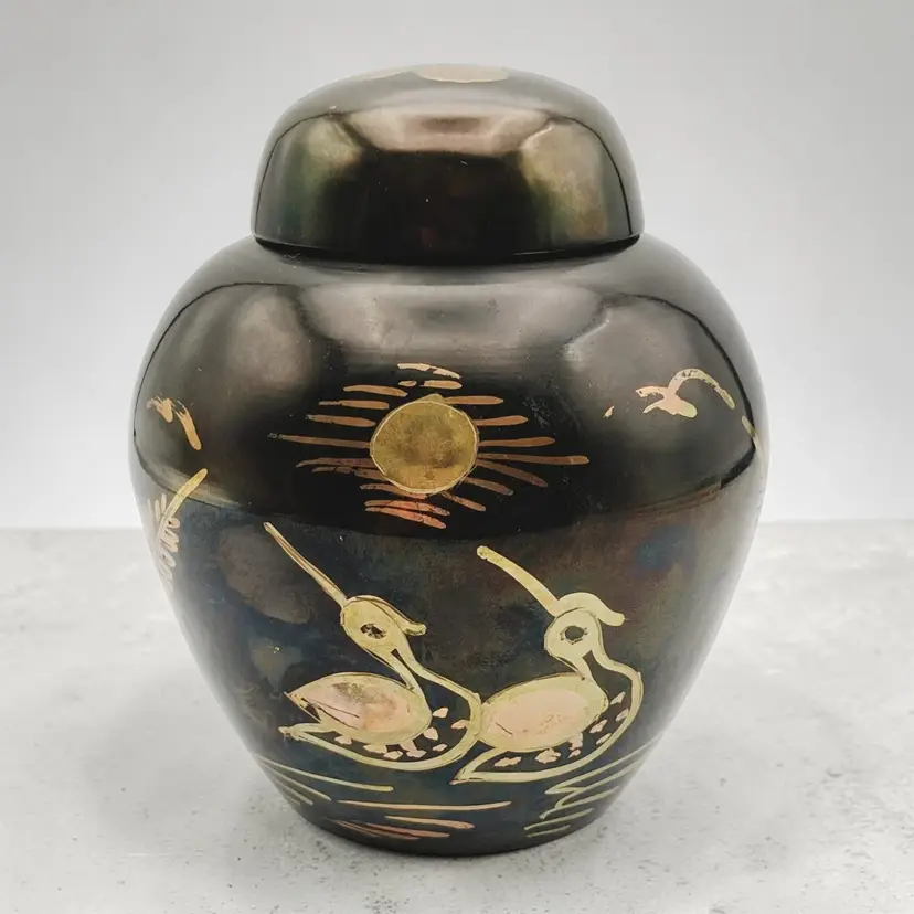 Brass Ginger Jar w/ Copper Filled Incised Swans, Water Reeds, Moon Made in India