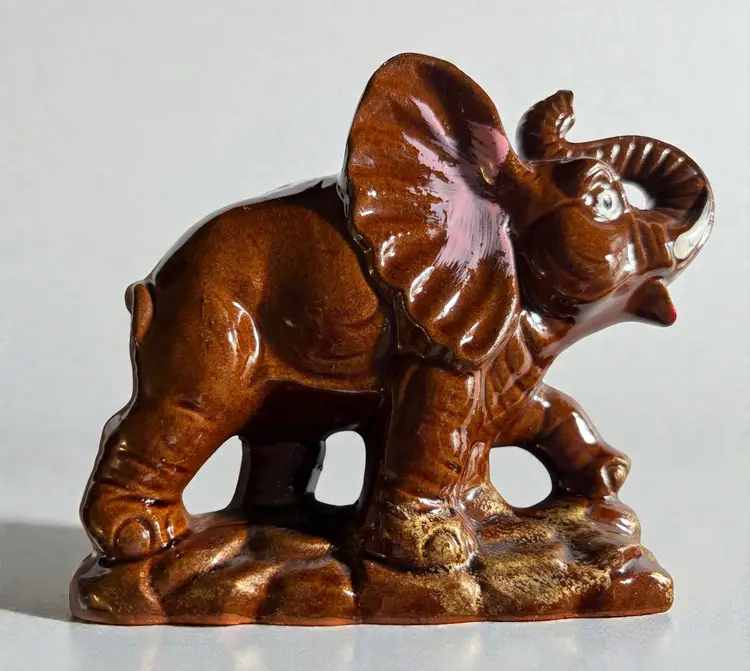 Vintage MCM Ceramic Red Clay Hand Painted Trunk Up Elephant Figurine - Made In Japan - 6” x 5” x 2” - VGVC