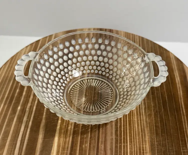 6 inch Moonstone Opalescent Hobnail Candy Dish with Handles - More Likely Anchor Hocking than Fenton