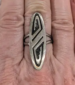 Vintage Sterling Silver Elongated Ring with Native American Design, Size 7.5