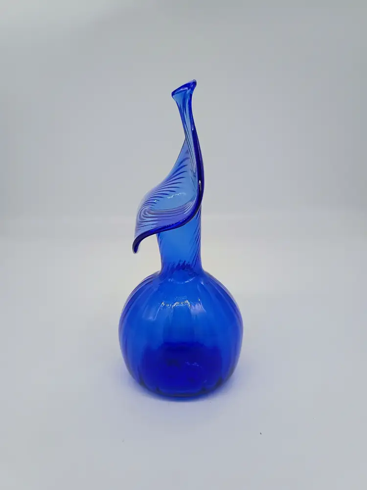Cobalt Blue Hand Blown Art Glass Optic Swirl Jack-in-the-Pulpit Tulip Vase 6"