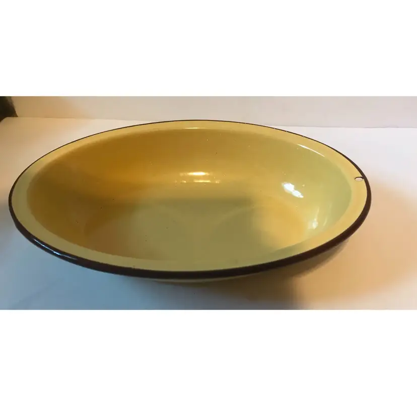 Vintage Yellow/brown Rim Enamel Bowl And Sm PanEnamelware Bowl Grannycore