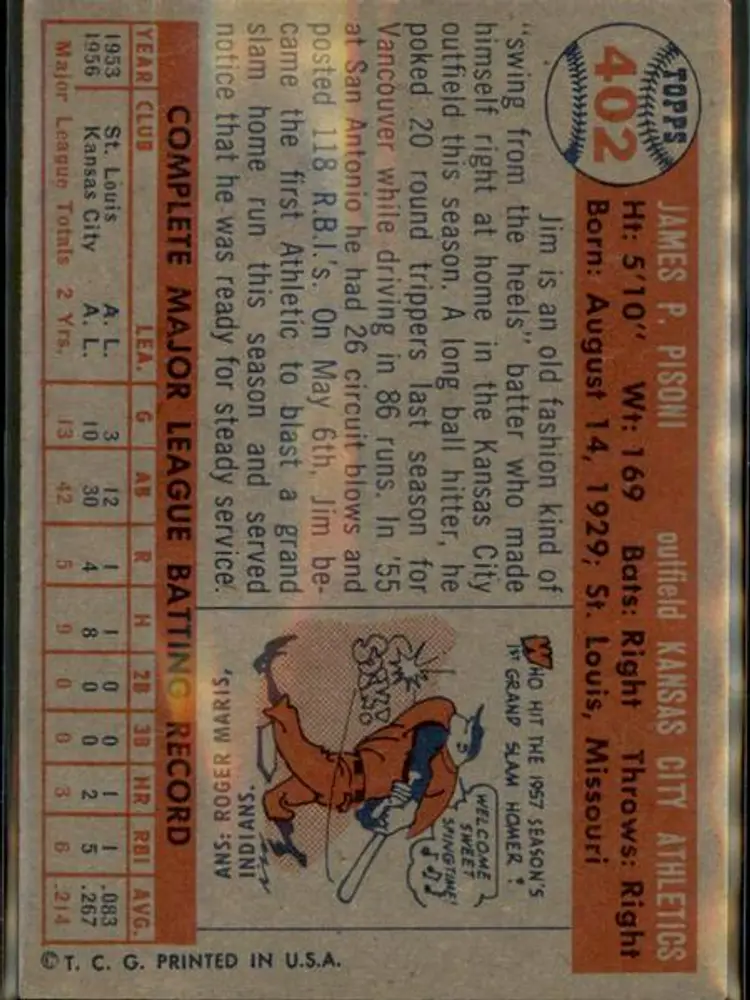 1957 Topps #402 Jim Pisoni - ( pk1 ) - Kansas City Athletics
