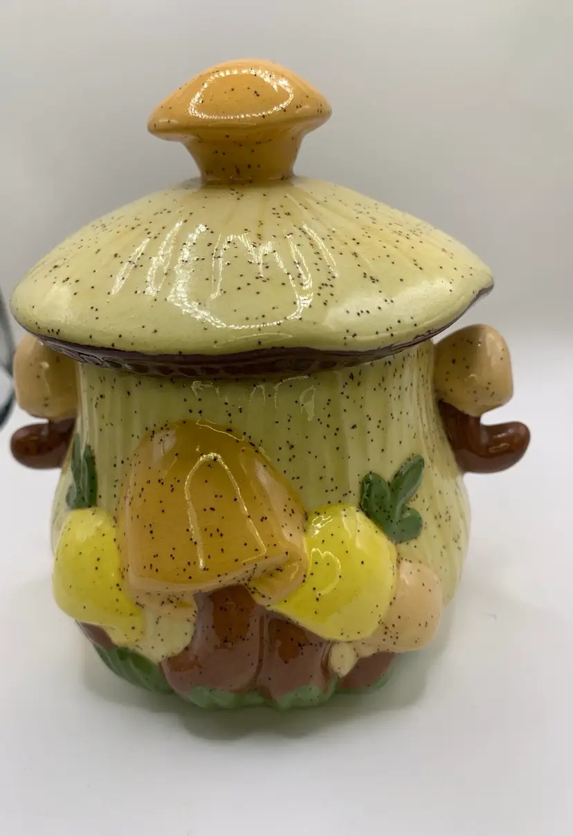 Arnels Hand Painted Ceramic Sugar Bowl with Mushroom Design, Made by Me In 1977, personally signed.