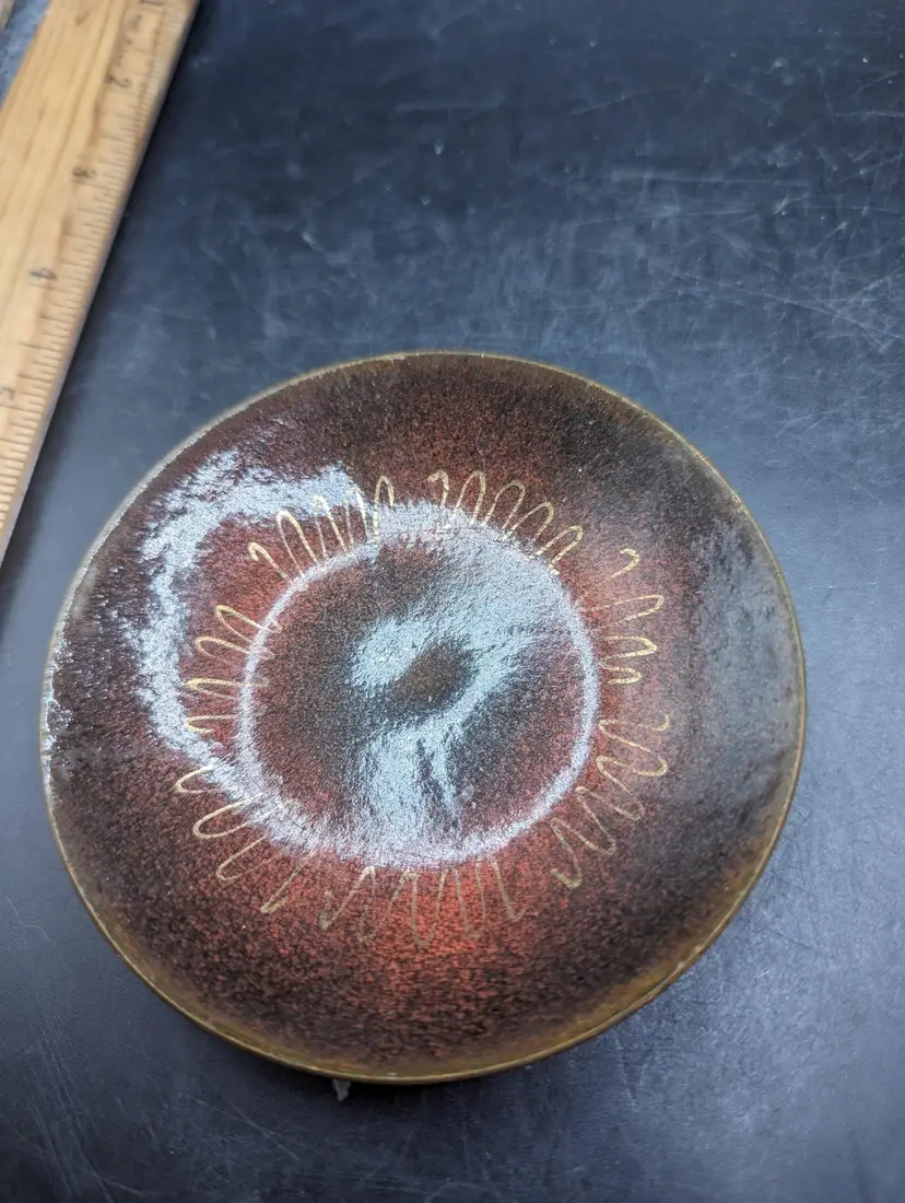 Vintage Handcrafted Enamel on Copper Jane Glass Signed Trinket Ring Dish