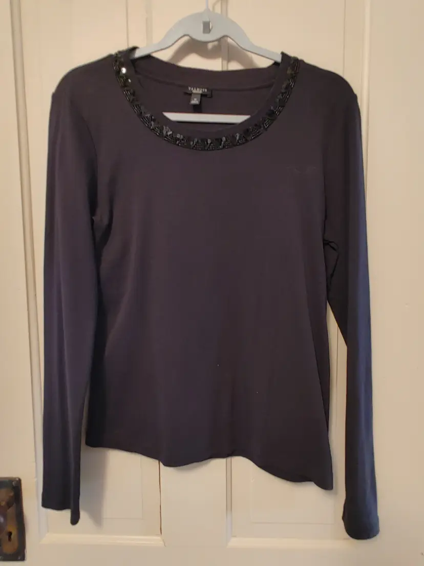 Top- Brand: Talbots. Black top with beaded collar. Size Medium. Material- 100% cotton. No callouts.