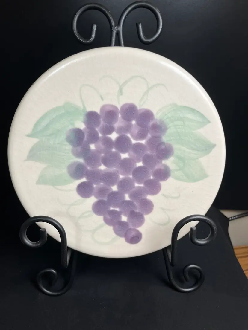 Hand Made Pottery-Signed Bair, Mandan, ND-2004. Trivet with Purple Grape Design & Green Leaves-Lot 48