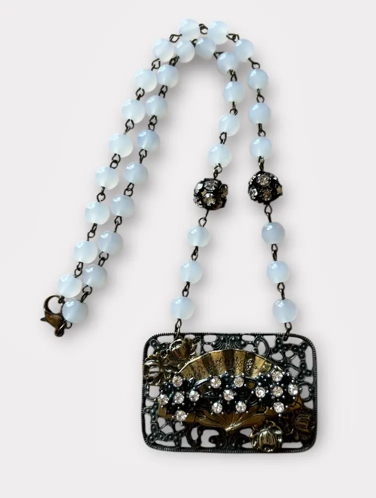 Vintage Filigree Japanese Fan Flowers Frost Glass Beads Metal Rhinestone Necklace #A-8