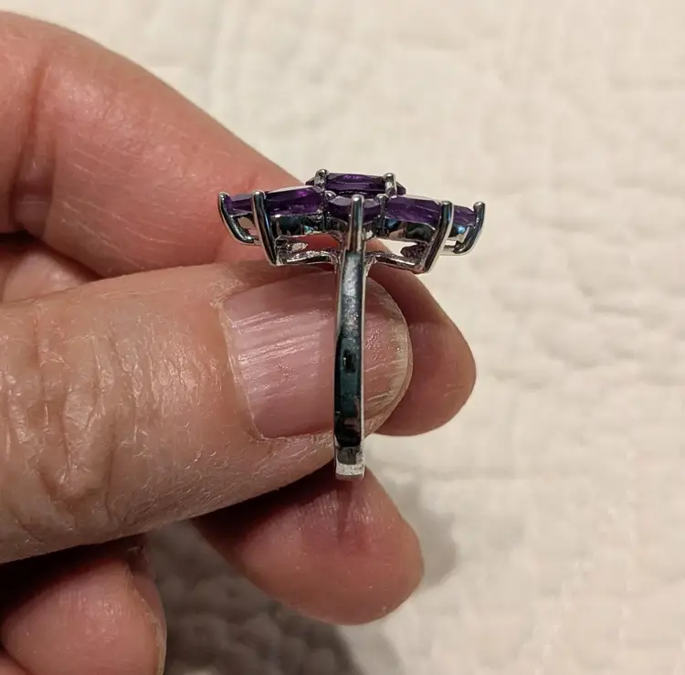 Vintage Signed Sterling Silver Flower Ring with Vibrant Purple Stones, China, Size 7.25