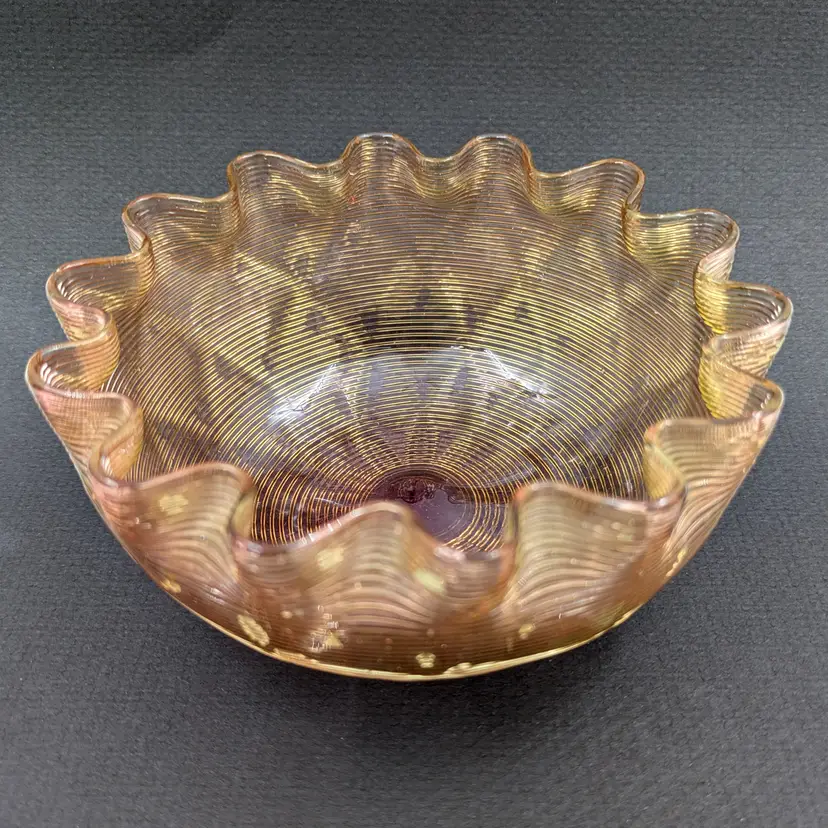 Antique Victorian Steven & Williams Cranberry & Gold Threaded Glass Ruffled Bowl