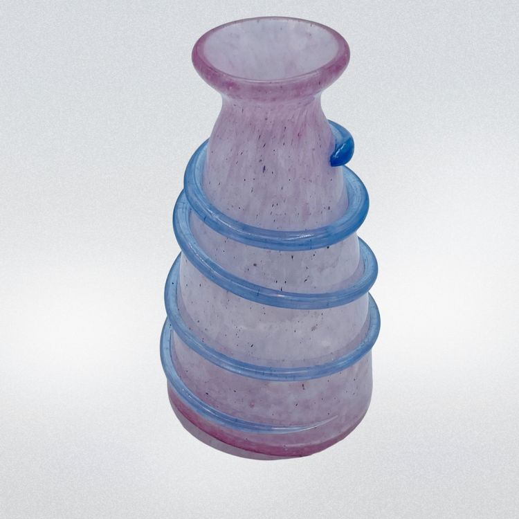 Murano Baby Pink Speckled Frosted Base Light Blue Spiral Applied Glass Strip Vase