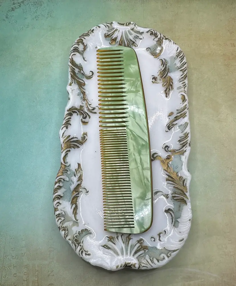 Victorian Painted Milk Glass Tray With DuPont Comb In Green