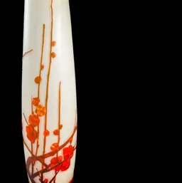 Emile Galle Repro-Art Noveau-Cameo Art Glass Vase-Orange-Black-Brown Etched Cherry Blossom & Branches