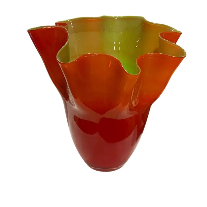Red And Green Handkerchief Vase. Measures 7”x6.5”