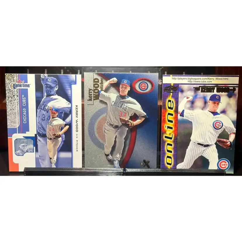 Kerry Wood Chicago Cubs lot: 2001 Fleer E-X and Game Time, & 1998 Pacific Online Variation!