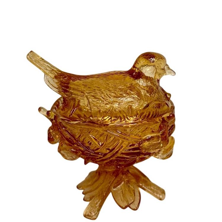 Vintage Westmoreland Bird On Twig Nest Orange Glass Covered Box Candy Dish
6” T x  6” L x 4-3/4” W