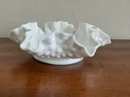 Vintage Fenton Milk Glass Hobnail Bon Bon Dish With Ruffled Edges