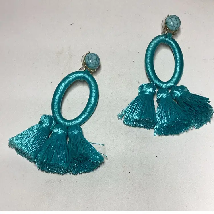 Tassel Pierced Earrings With Stone - 2.5” Modern Style