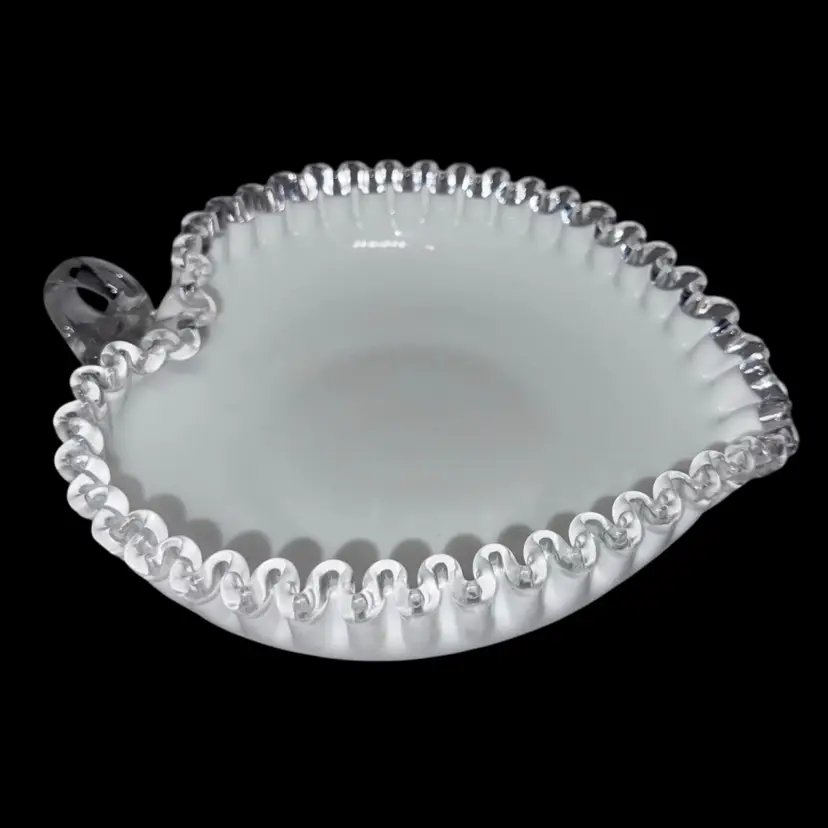 Fenton Milk Glass Silver Crest Heart  Ruffled Edge Candy Dish Nappy Vintage