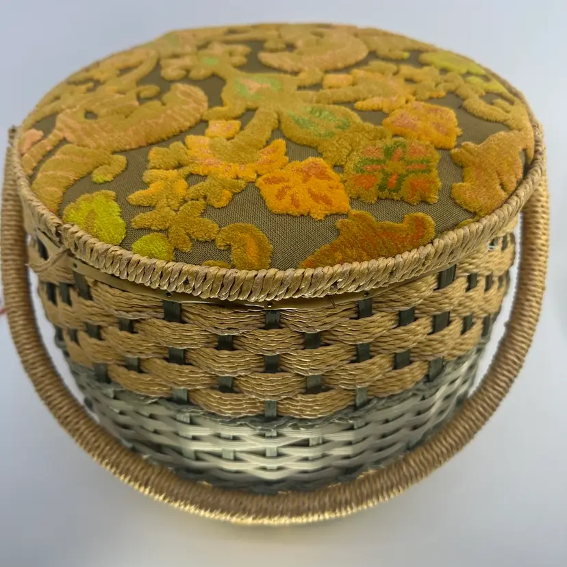 Large Vintage Wicker Sewing Basket with Flocked Velvet Damask Lid and Handle