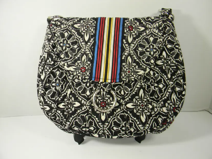Vera Bradley Barcelona Pattern crossbody Bag/Black and White Floral Design with Rainbow Stripes on the front flap