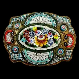 Antique Fine Micro Mosaic Brooch Floral Flower Garden Fan Design Millefiori Detail 1"