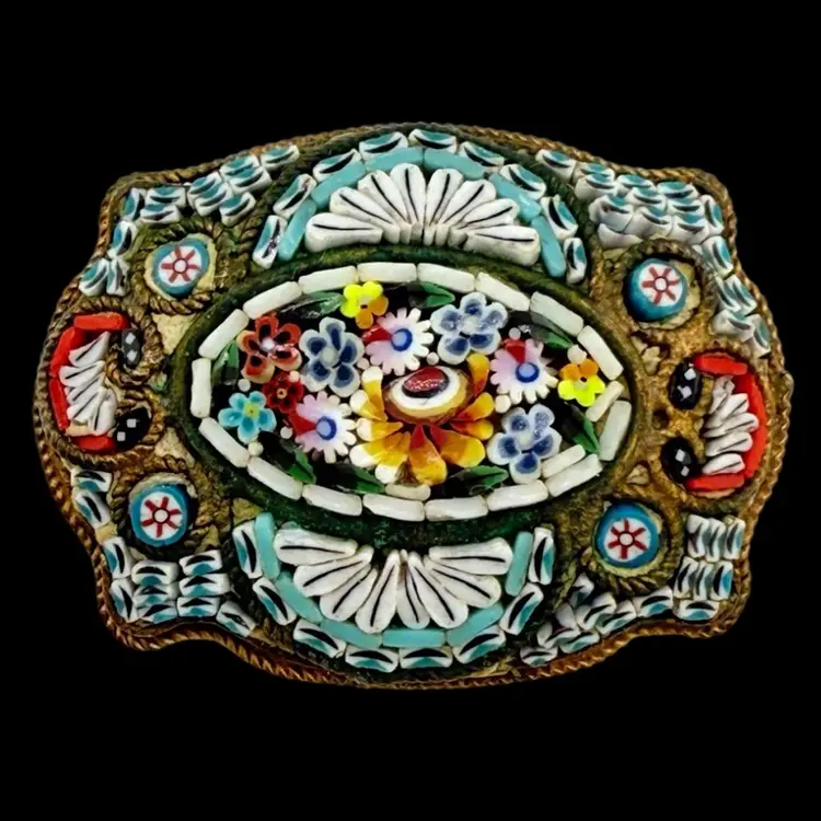 Antique Fine Micro Mosaic Brooch Floral Flower Garden Fan Design Millefiori Detail 1"