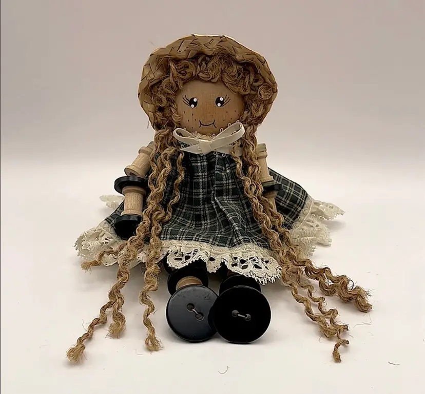 Vintage, Little Wooden Sewing Spool/Button Girl Shelf Sitter, 7” Tall (Box not included)
