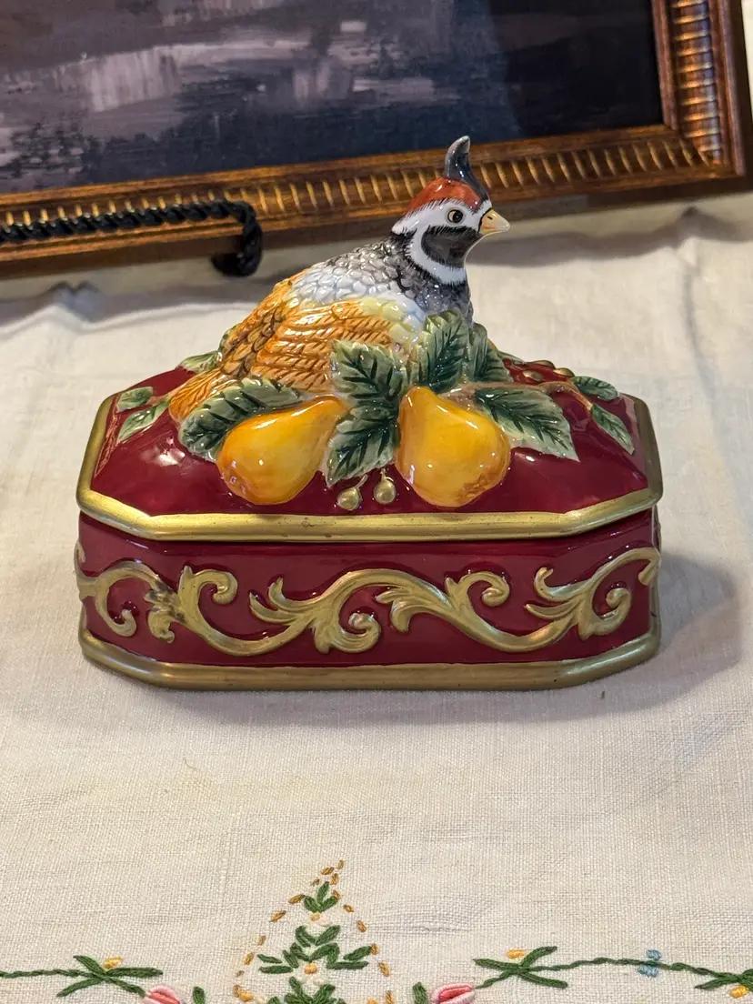 Fitz and Floyd Partridge & Pear Covered Trinket Box |Ceramic Keepsake Box