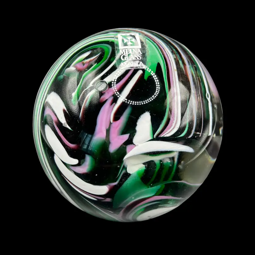 MDINA Art Glass 3"x3" Green Purple White Clear Swirl Paperweight Malta Signed