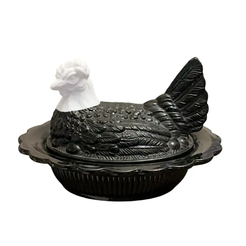 Mosser (using Fenton mould) 2-piece Black And White Hen On Nest 5” X 6 1/2”