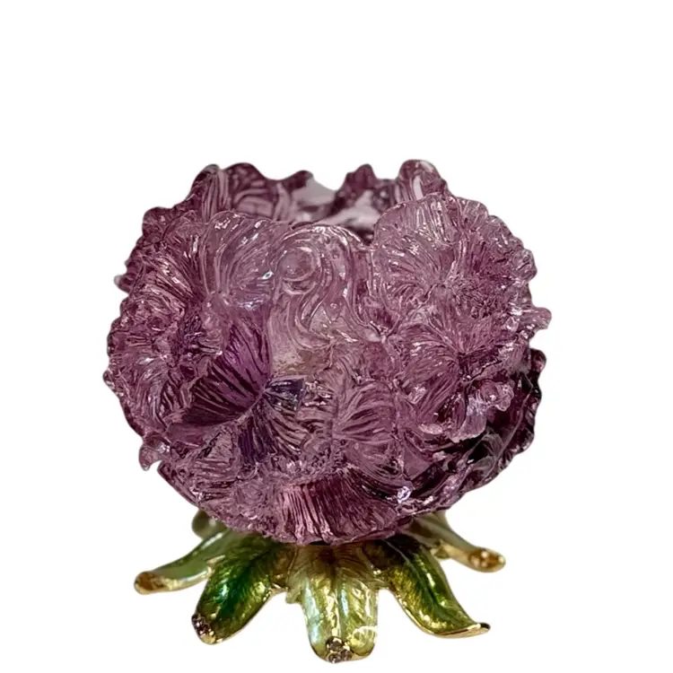 Jay Strongwater Tea Light Candle Holder Lavender Floral Art Glass W/Enamel Painted Metal Leaf Base Adorned With Swarovski Crystals Glows
3-1/2” T x 3-1/4” W