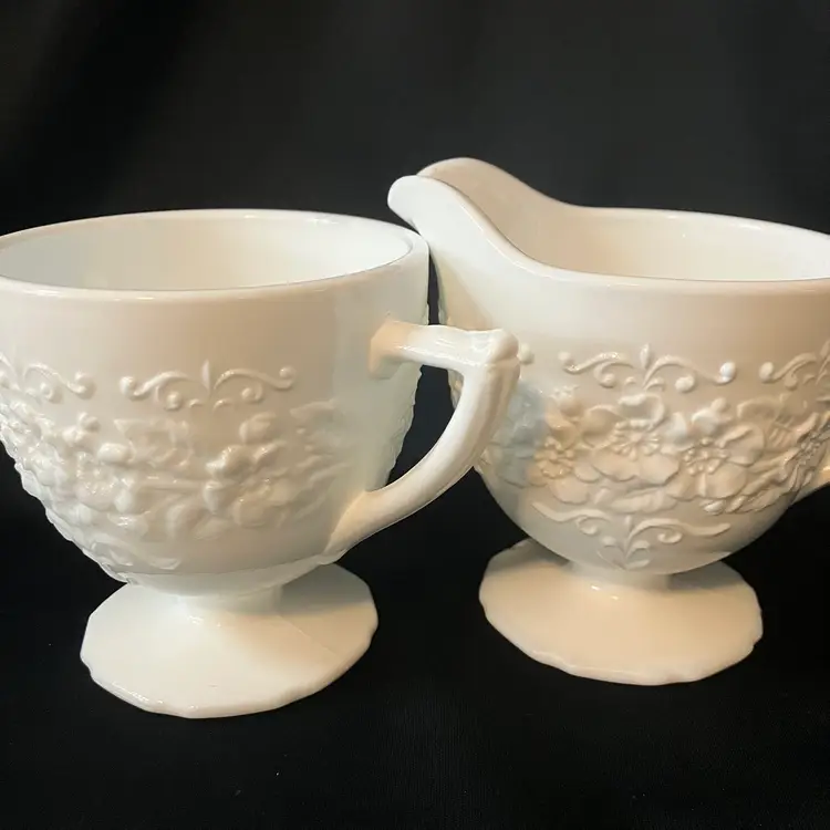 Indiana Glass Orange Blossom Milk Glass Creamer & Open Sugar Bowl Circa 1957