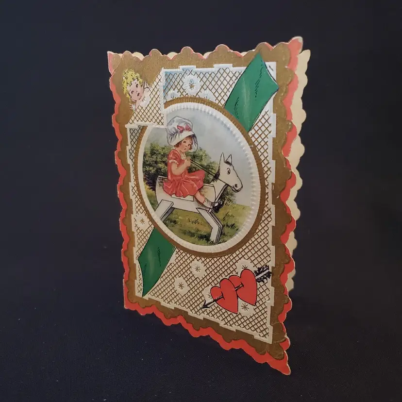 Whitney Valentine’s Day Greeting Card Girl Rides A Wooden Horse Die Cut Vintage