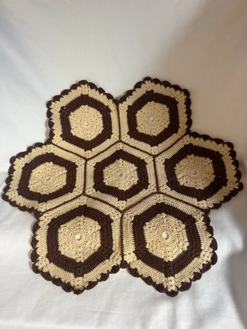 Two Vintage Hand Crocheted Brown & Tan Hexagon shaped Doilies 17”x17”
