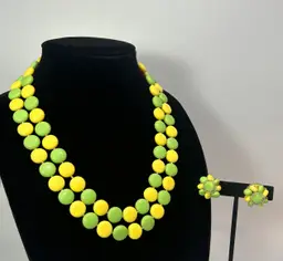 Vintage Yellow and Green Round Bead Necklace & Clip on Earrings Set Japan