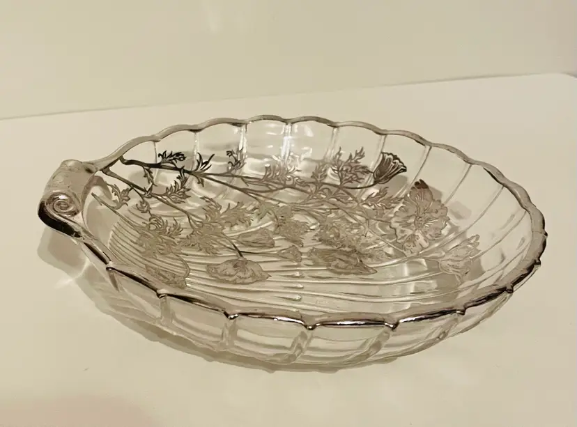 Glass Shell Shaoed Dish With Silver Rim & Silver Flower Pattern  Overlay