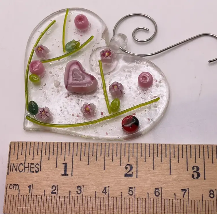 Made by Me! Fused Glass Ornament Heart with 3D Pink Heart & Ladybug 3" x 2.5" Handcrafted Studio Art