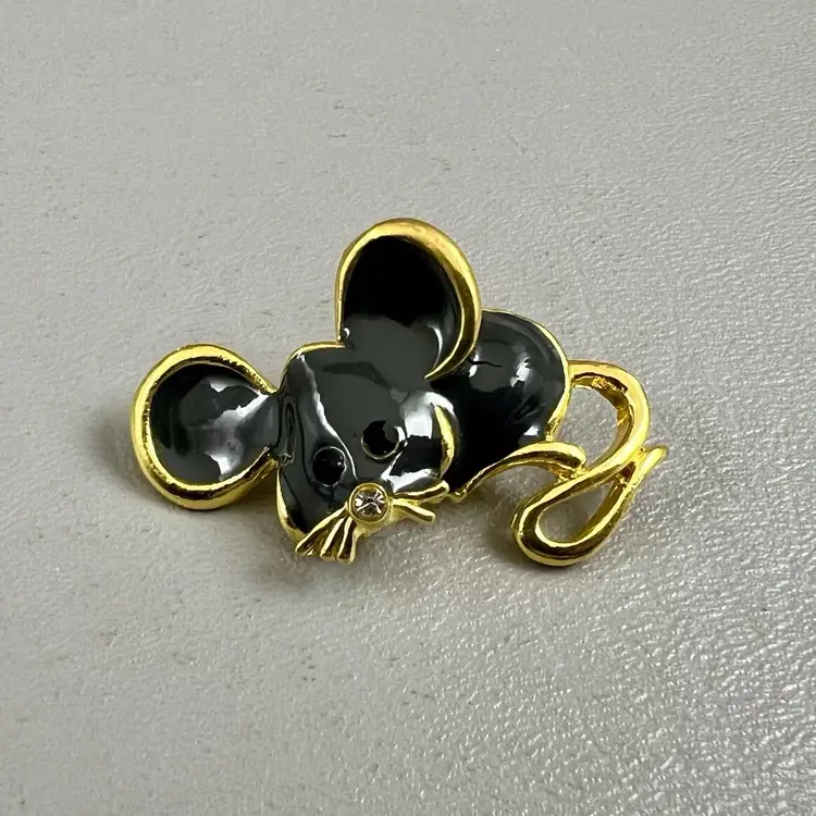 Vintage Black Enamel Mouse Brooch Pin Rhinestone Eyes Nose 2.5" Gold Tone