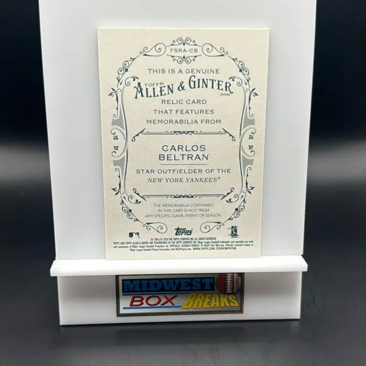 Carlos Beltran Relic Game Used 2016 Topps Allen & Ginter New York Yankees MBBCRD