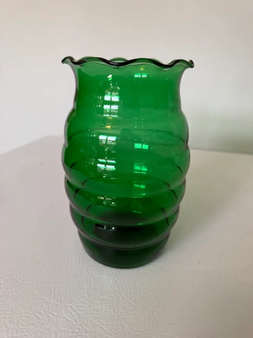 Vintage Anchor Hocking Forest Green Beehive Ribbed Vase