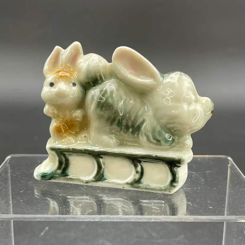 Bunny Rabbits on Sled Vintage Porcelain Figurine Winter Christmas Easter
