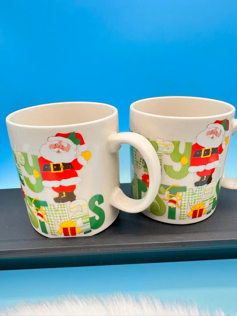 Set of 2 Vintage Otagiri Merry Christmas Santa Claus Holiday Mugs/ coffee cups Japan Gibson 3.25"
