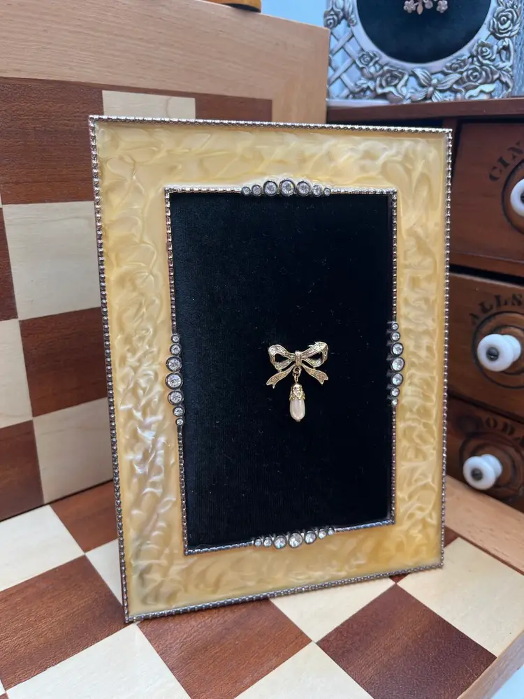 Table Top Faux Marbled Frame Brooch Jewelry Display with Removable Gold Ribbon Brooch (Handmade By Me!)