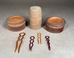 Vintage Primitive Americana Round Wooden Hair Combs Hair Pins Trinket Jar with Lid