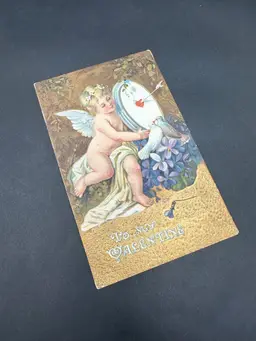 “To My Valentine” Gilded Cupid Love Birds Antique Valentine Postcard Unposted