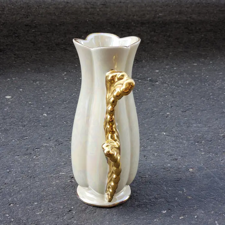 Vase Pearl China Company Hand Decorated 22K Gold Handles USA 6¼” Tall Pearlescent Vintage