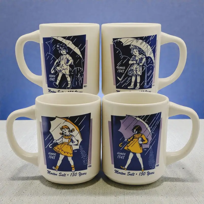 Morton Salt Porcelain Coffee Tea Mugs 150 Year Anniversary Set of 4 Mint W/ Box