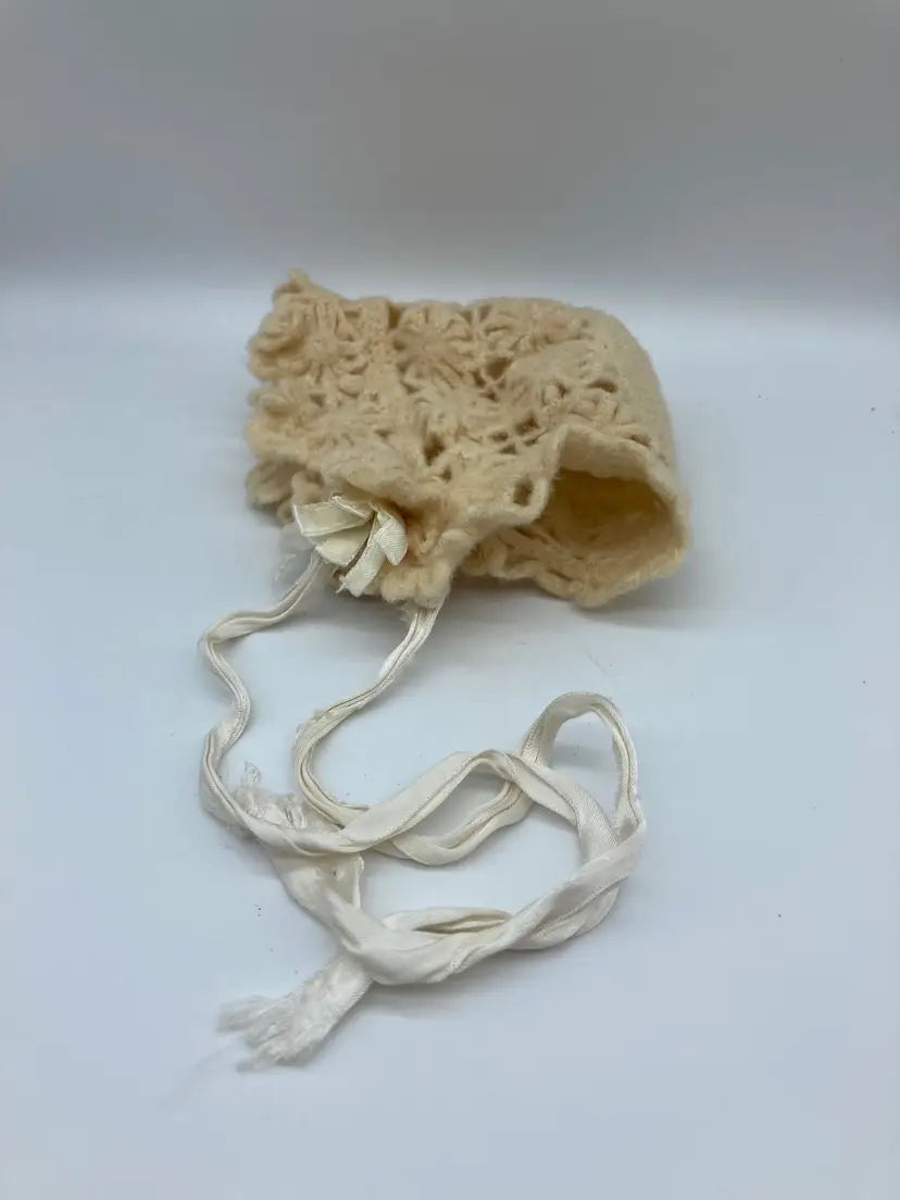 Vintage 60s Crocheted Matching Jacket & Baby Bonnet Ivory Baby Girl